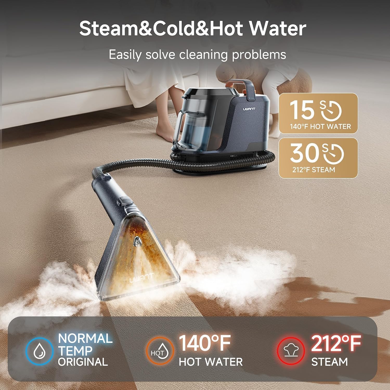 Detalle de uwant Y100STEAM Carpet Cleaner with Steam, Hot Water and 18KPa Suction