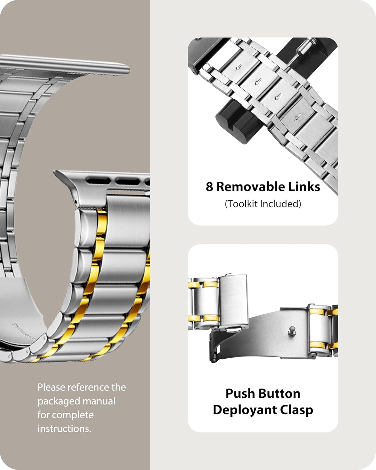 Detalle de Fullmosa Stainless Steel Apple Watch Strap — 38–49mm multi-size replacement band for Apple Watch