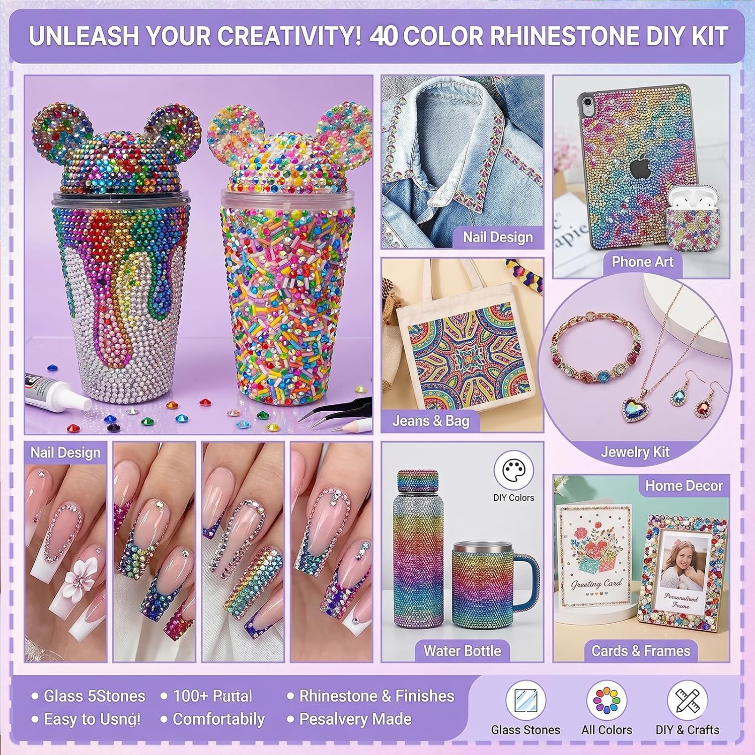 Detalle de ZORVENIX Bedazzling nagelstrass-steentjes 3 mm, 40 kleuren met pincet en wasstift