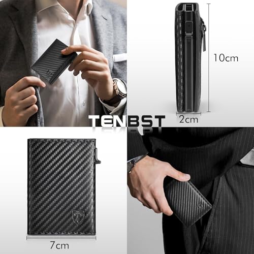 Detalle 2 de TENBST Carteras para Hombre: porta tarjetas de fibra de carbono con protección RFID, diseño minimalista y cierre magnético