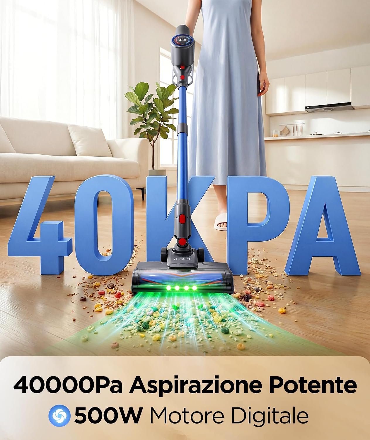Detalle de VersLife Z8: Aspirapolvere senza fili 40KPa, leggero e autostendibile con LED verde e filtro HEPA