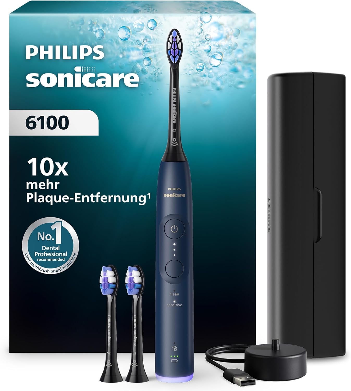 Philips Sonicare Series 6100: Elektrische Zahnbürste mit 6 Reinigungsprogrammen, Drucksensor und Reiseetui (HX7403/07)