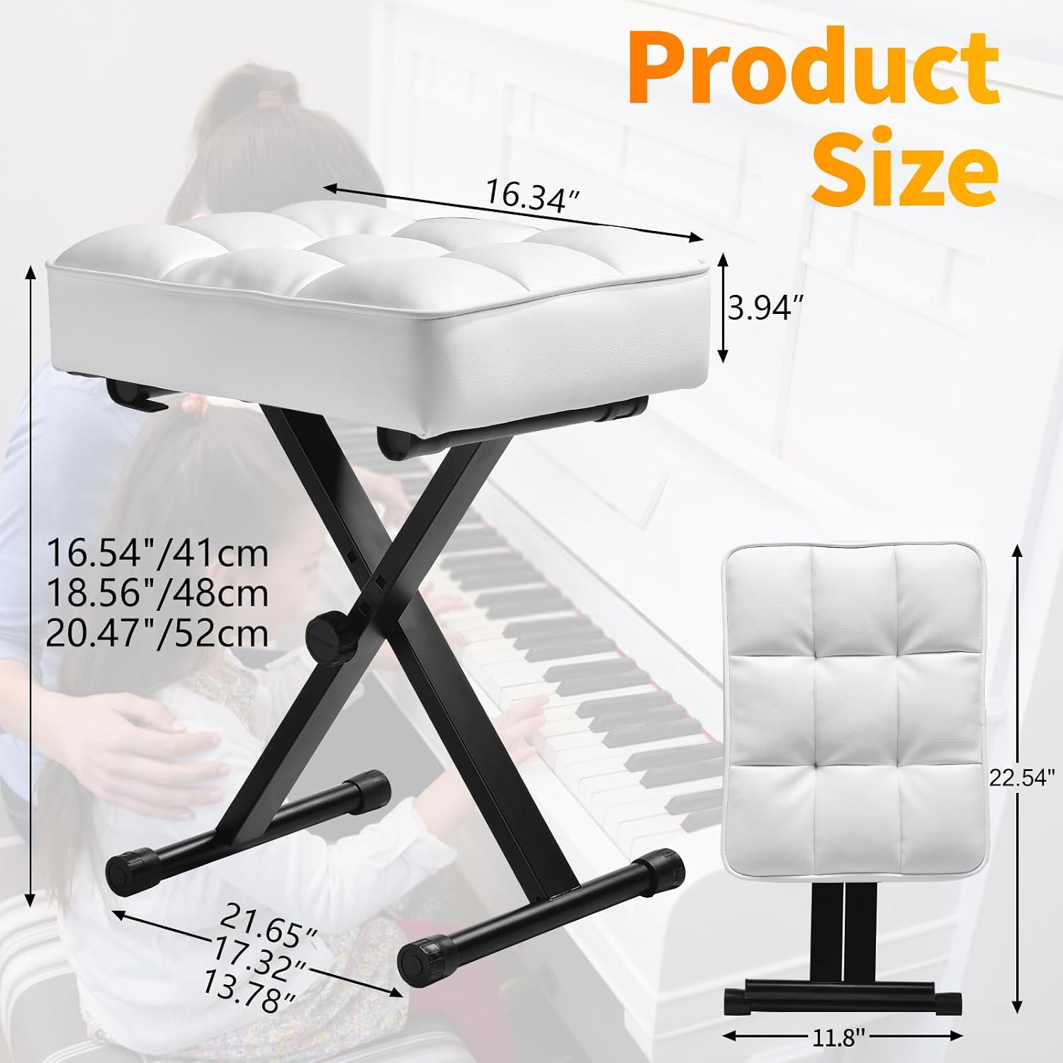 Detalle de Takira S31 Adjustable Piano Bench, White, 4-Inch Cushion, Foldable X-Frame
