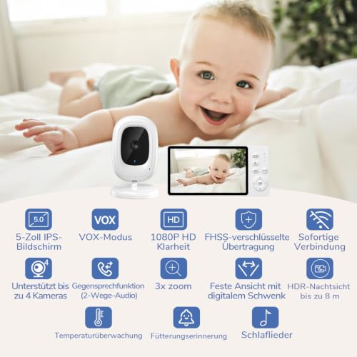 Detalle 2 de jeeber Ohne WLAN Babyphone mit Kamera – 1080P, 5-Zoll IPS Display und 360° Blickwinkel