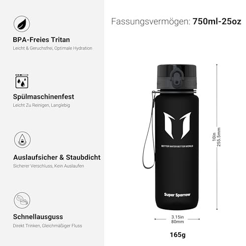 Detalle de Sparrow Trinkflasche Sport 750 ml – BPA-frei, Tritan Copolyester, 1-Klick Deckel