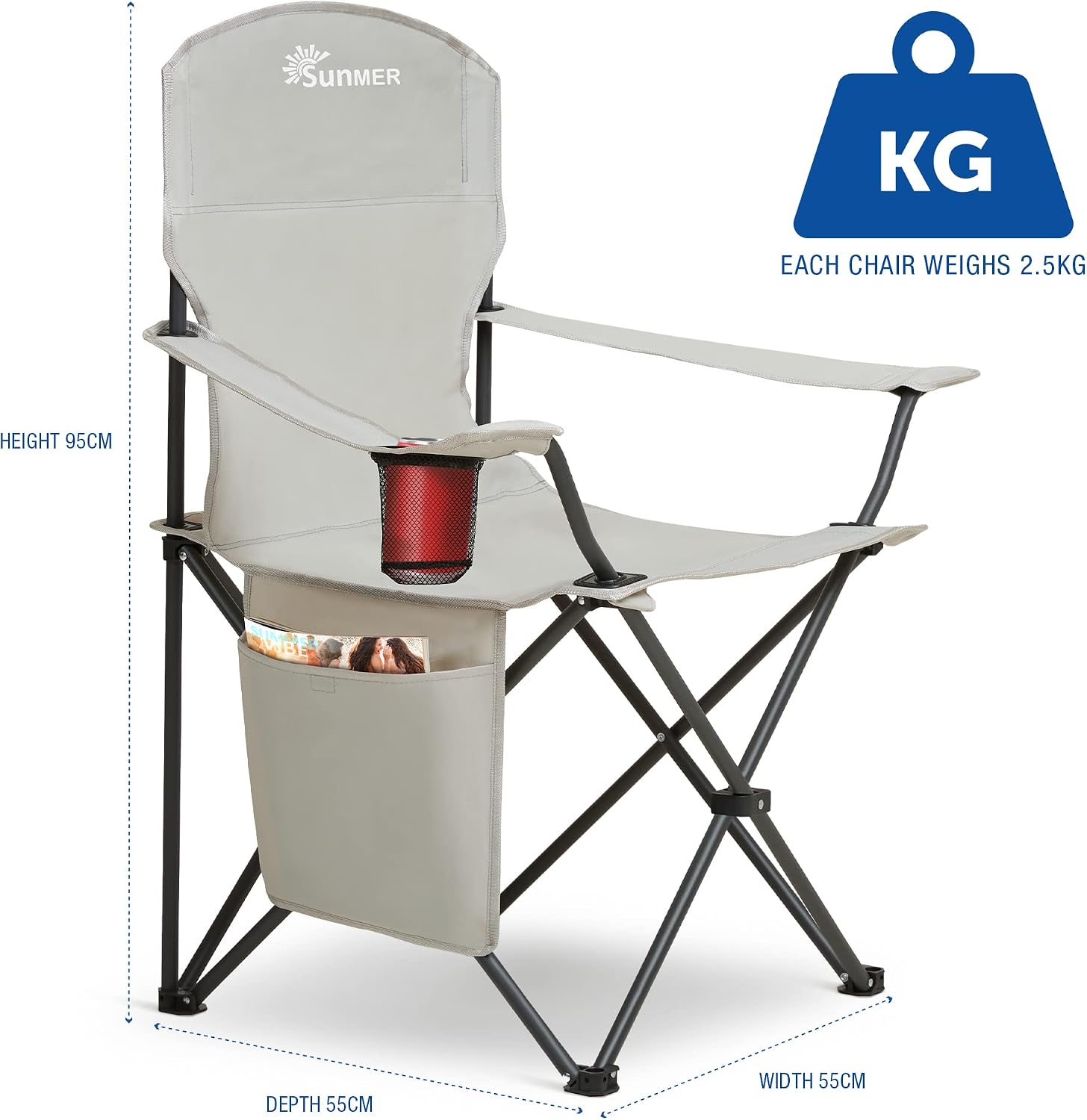 Detalle de SUNMER Folding Camping Chair (Extra Wide, Armrests & Cup Holder) – Light Grey, 120 kg capacity