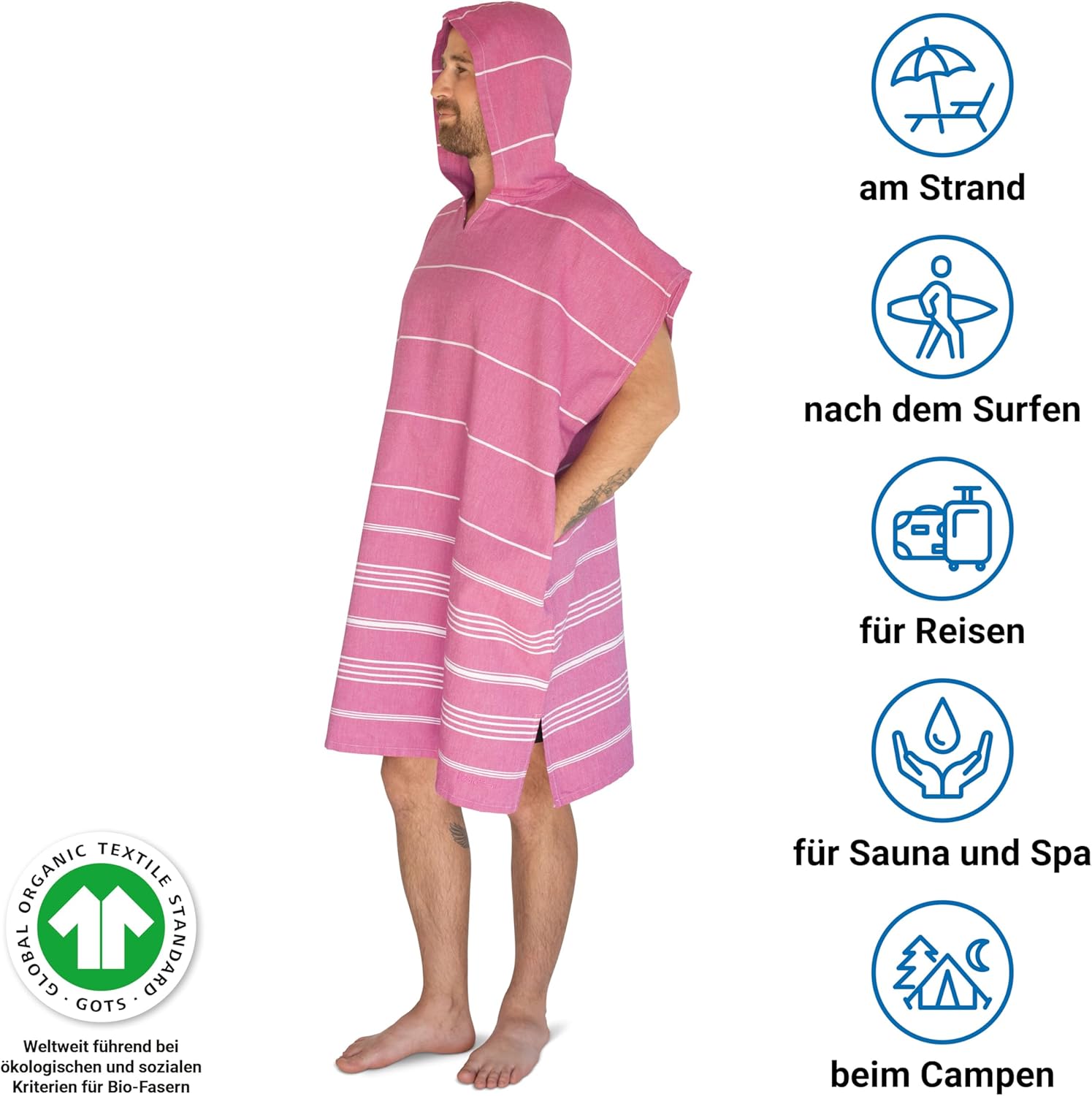 Thumbnail 6 de LeStoff Badeponcho – 100% Bio-Baumwolle, leicht, saugfähig und schnelltrocknend mit Kapuze (Fuchsia, Größe S)