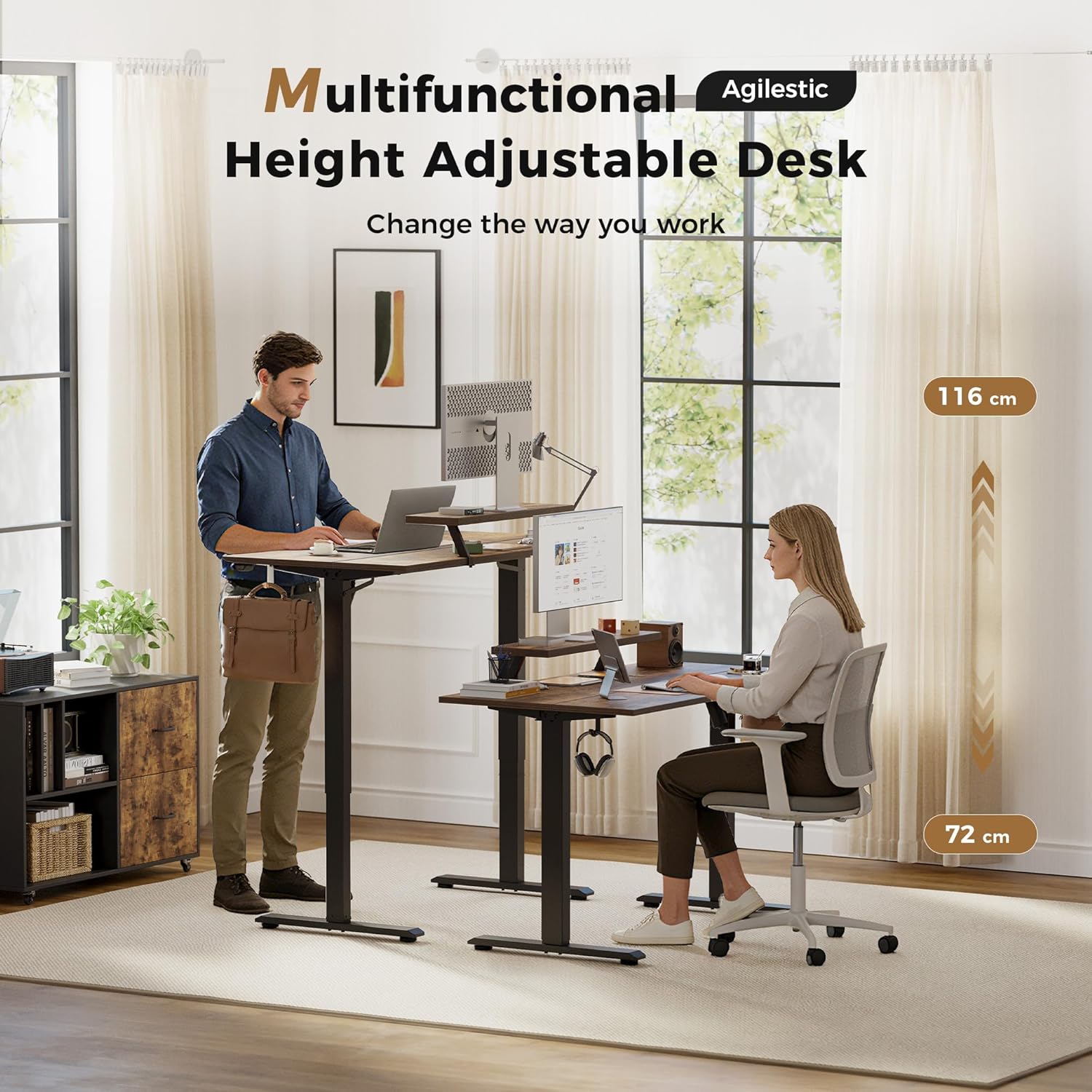 Thumbnail 2 de Agilestic Electric Standing Desk with Movable Monitor Stand (100 x 60 cm, Rustic Brown) – Two Memory Presets