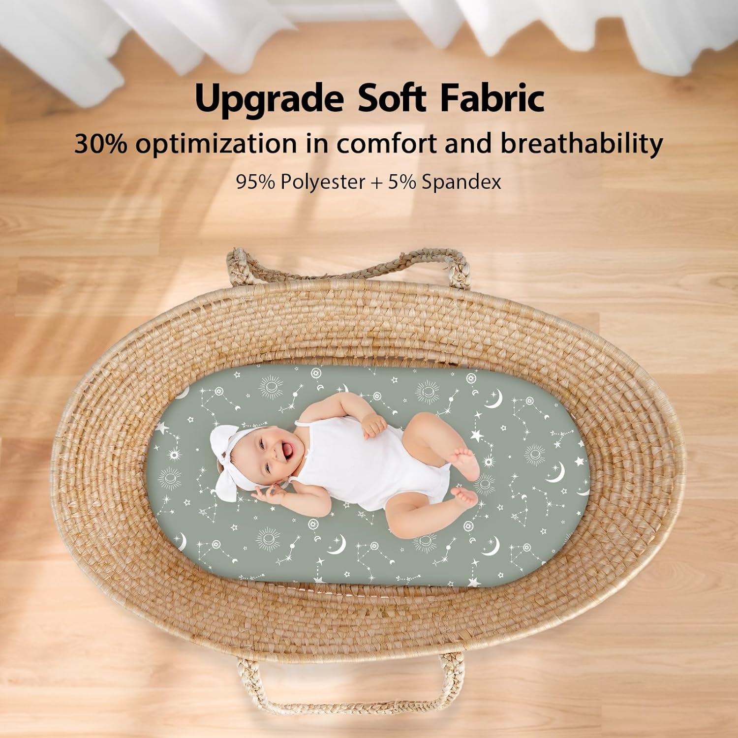 Thumbnail 3 de Unnivoll Moses Basket Sheets 3 Pack (Super Soft & Breathable) – Fitted Pram Sheet Set, Gray Green Constellation