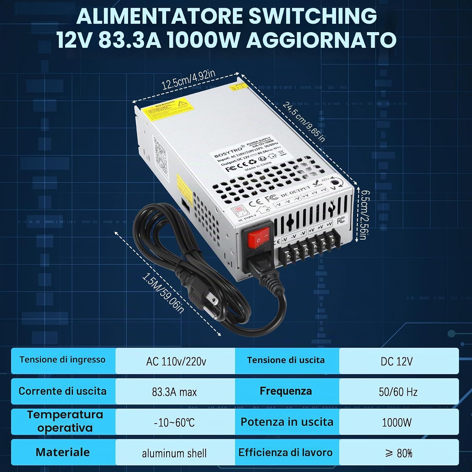Thumbnail 1 de BOSYTRO Trasformatore 220V 12V 1000W con 3 uscite, interruttore di sicurezza e cavo