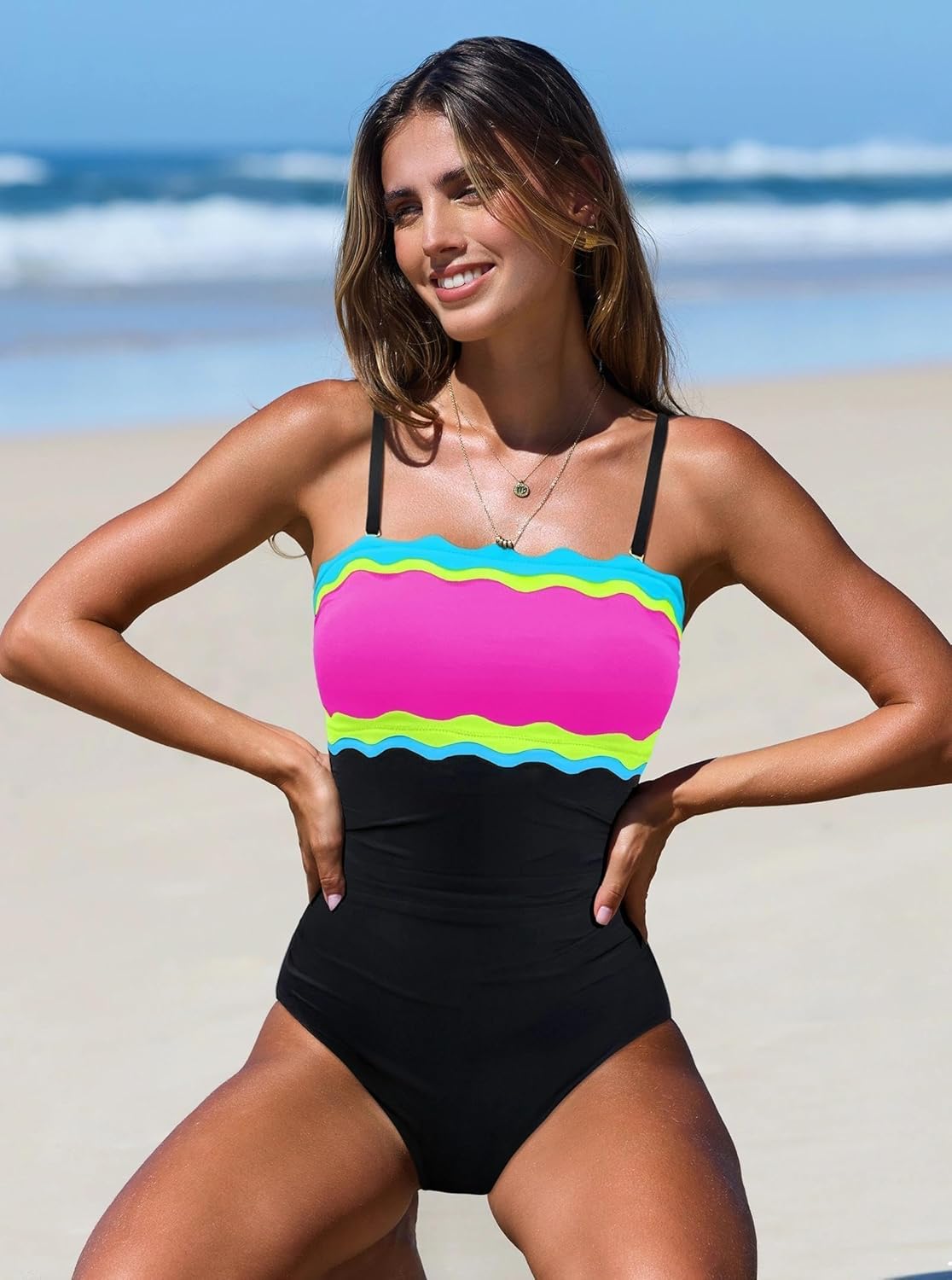 Thumbnail 4 de Popvil One Piece Swimsuits for Women: Neon Bandeau with Tummy Control and Strapless Design