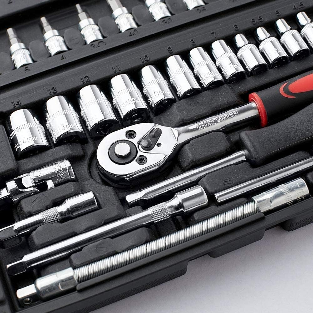 Detalle de Wopeite 46 pezzi Set chiavi a bussola con cricchetto 1/4" in acciaio cromovanadio Cr-V