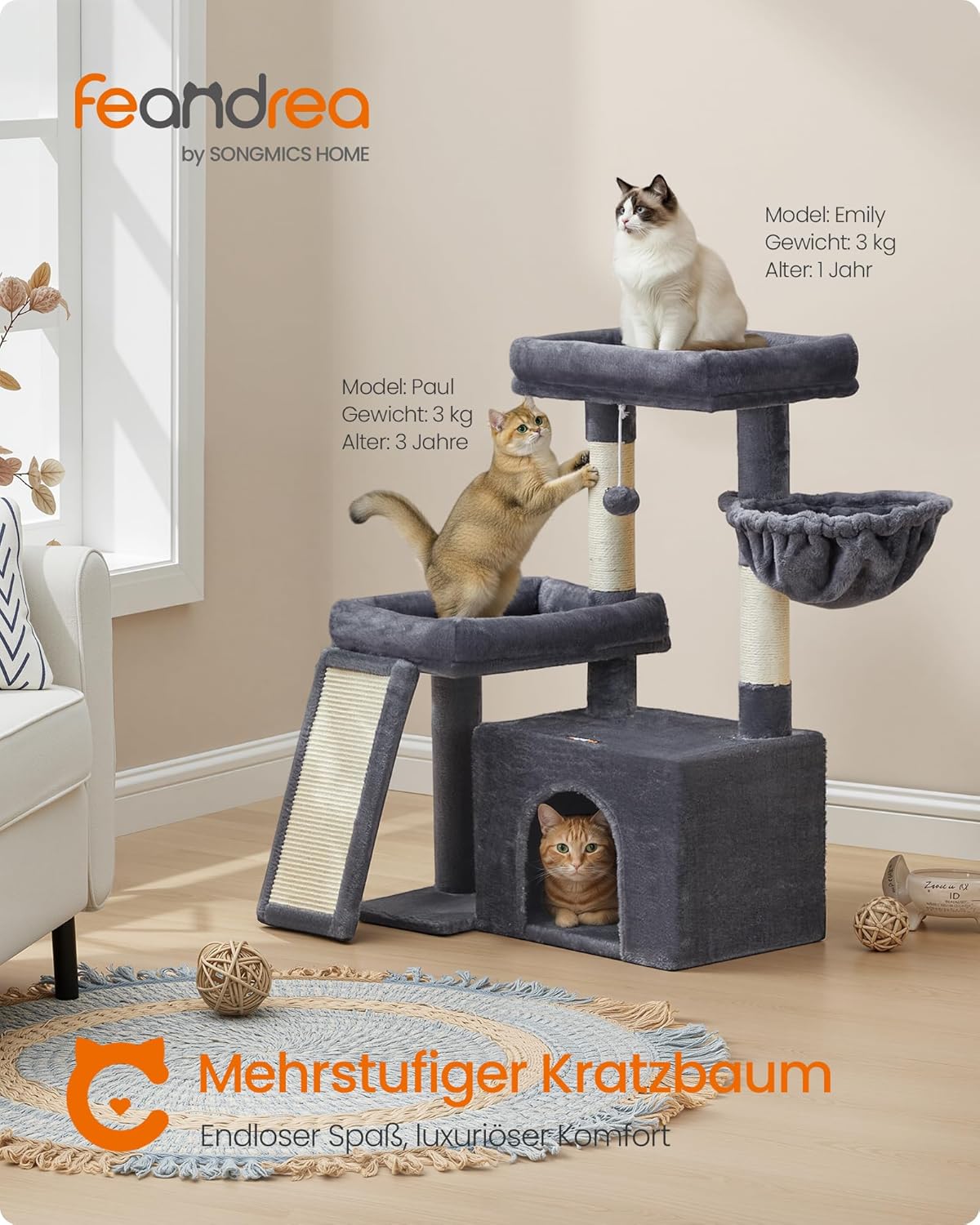 Detalle de Feandrea Kratzbaum – Katzenbaum mit Kratzsäulen, Rampe und Höhle (85,8 cm, dunkelgrau)