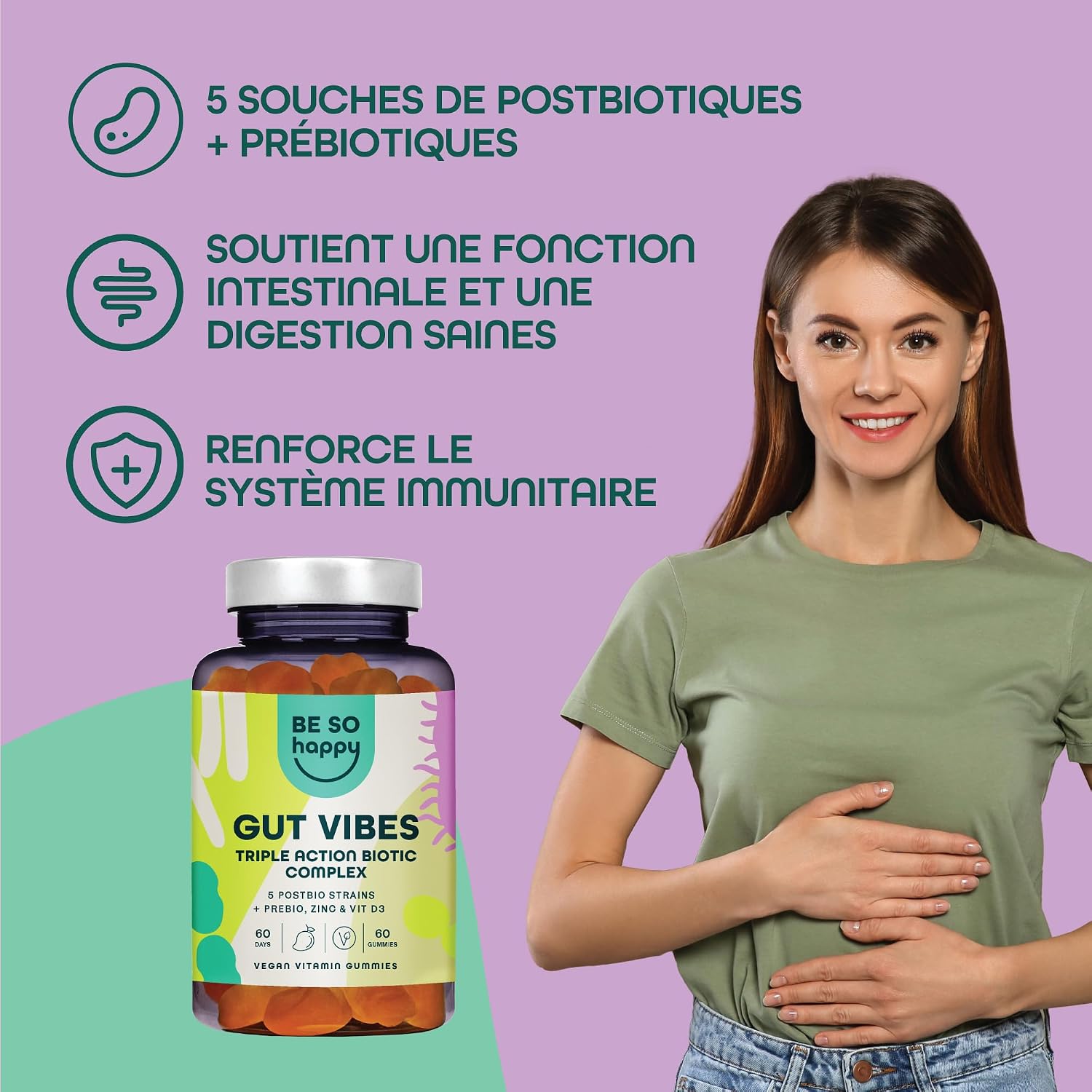 Detalle 2 de Prébiotiques et Postbiotiques Intestinaux – 60 Gummies vegan, sans gluten et sans lactose