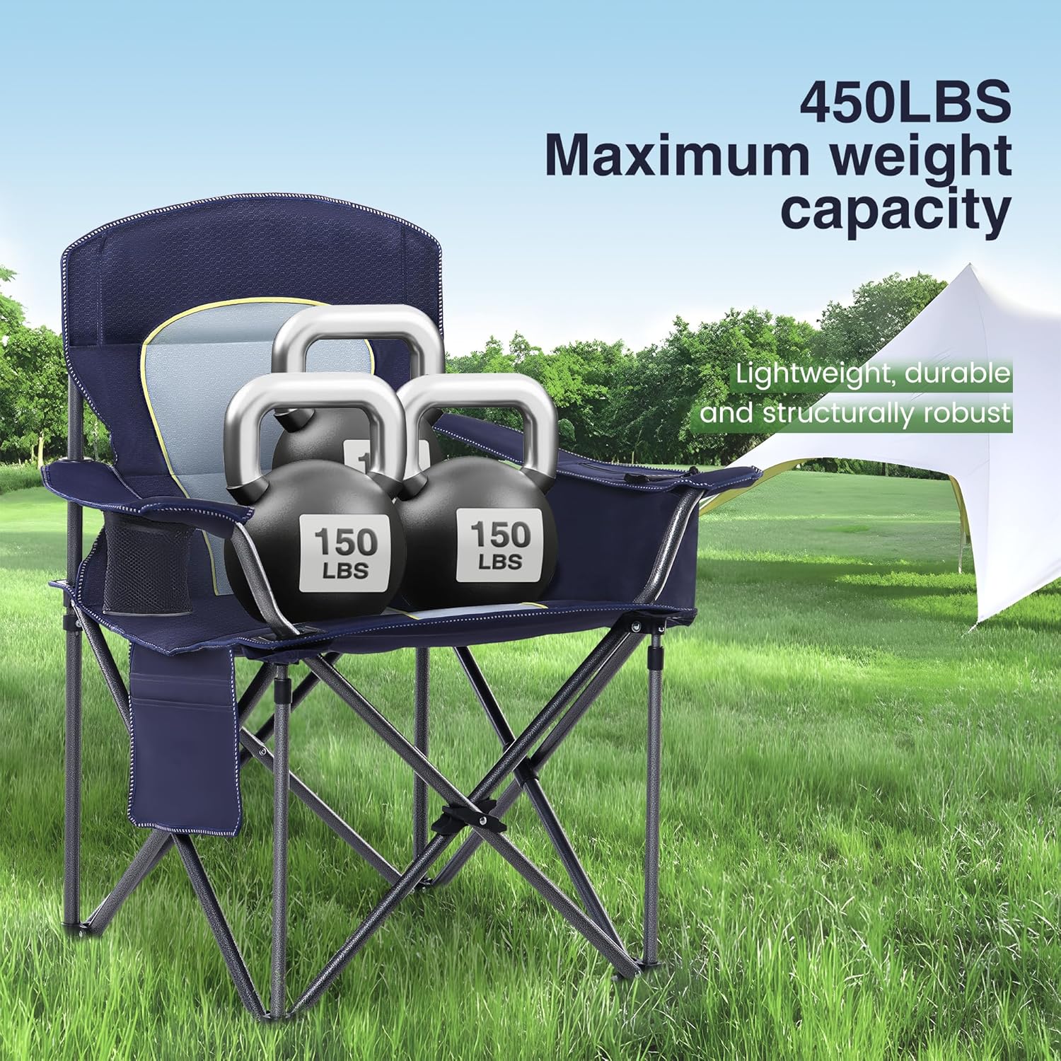 Detalle de HIGH POINT SPORTS faltbarer Campingstuhl (bis 200 kg) mit Getränkehaltern und Armlehnen – XXL Outdoorstuhl