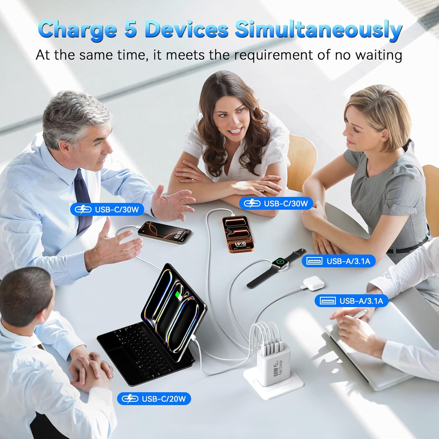Thumbnail 2 de 60W USB-C Charging Blocks 5-Port Wall Fast Charger (Two-Pack) — PD & QC 3.0 Multiport USB C Bricks