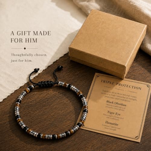 Detalle de Lueaurra Natural Stone Bracelet for Men, Adjustable Handmade Crystal Design