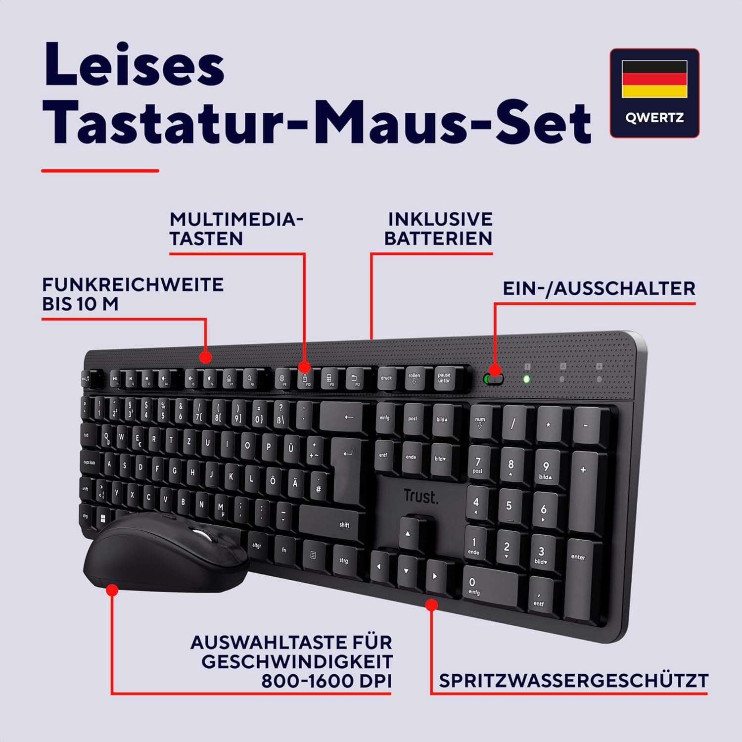 Detalle de Trust Ymo II leises Tastatur-Maus-Set 800–1600 DPI ⌨