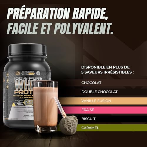 Detalle de Healthy Fusion Whey Protein 43 g par dose – Protéine Whey Pure avec Collagène, Magnésium et Vitamine B6 (Chocolat, 1 kg)