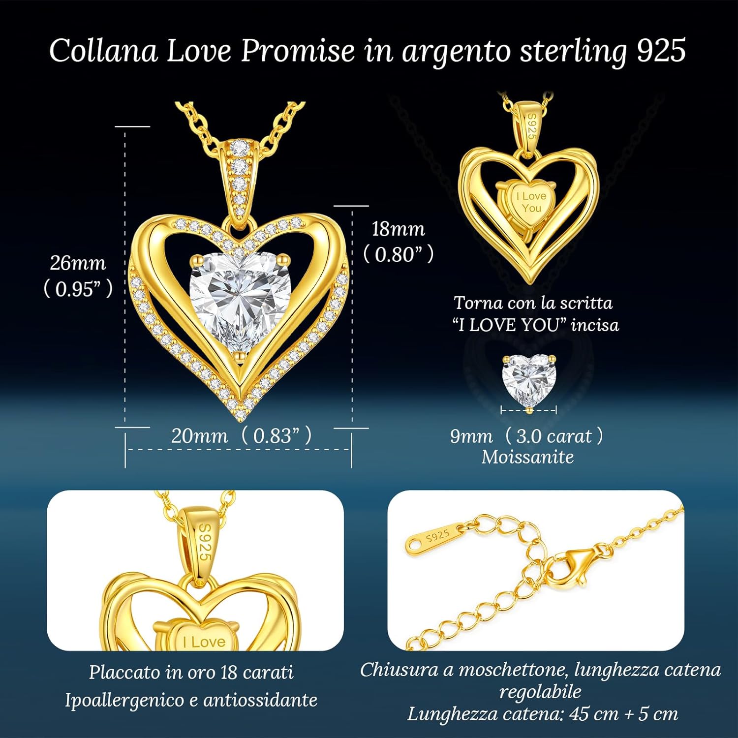 Detalle de Collana Donna Cuore Regalo Gioielli in Argento 925 con Moissanite D-VVS1 1–3 ct