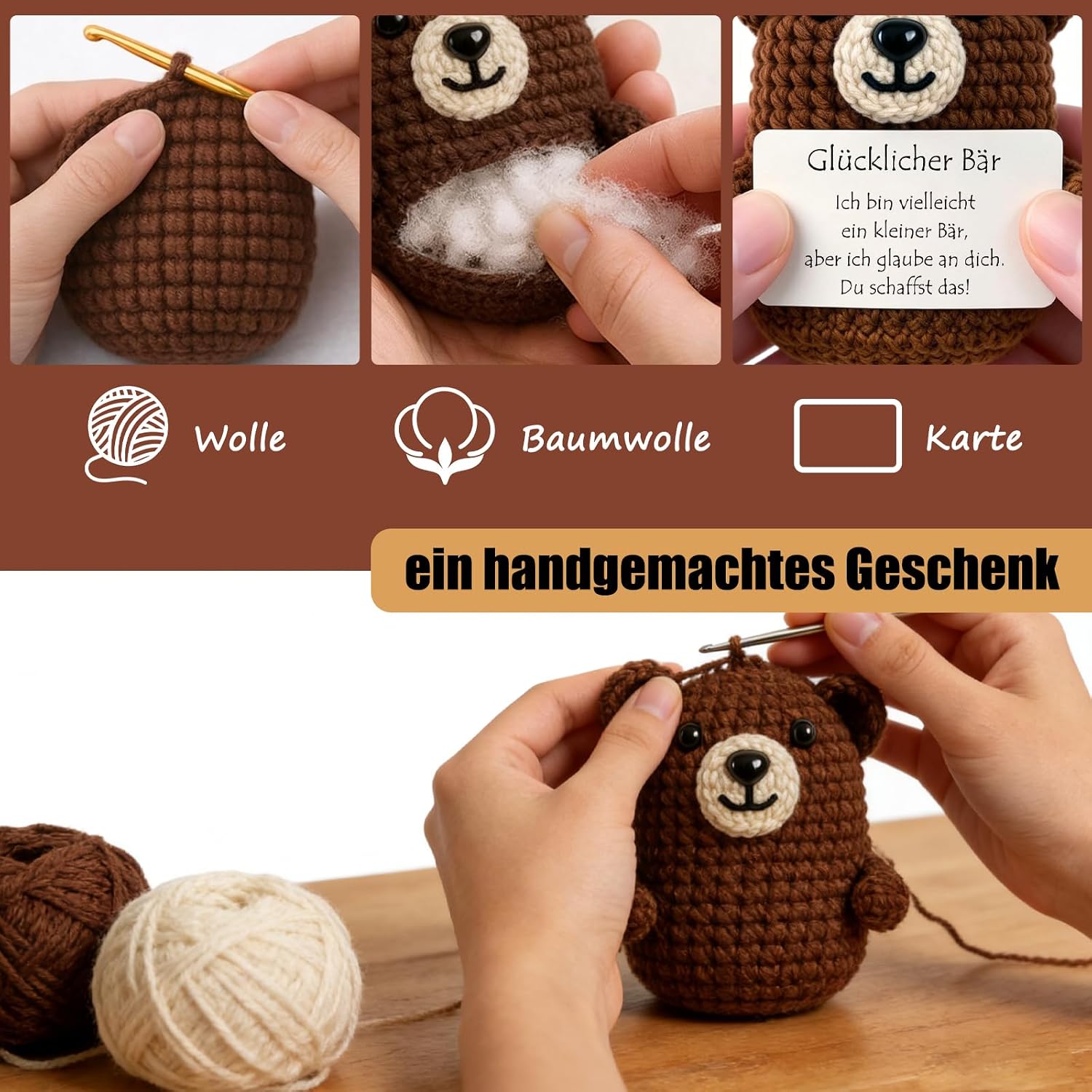 Thumbnail 2 de Tixlux Pocket Hug Glücklicher Bär – Handgefertigte Strickfigur mit Münz-Glücksbringer