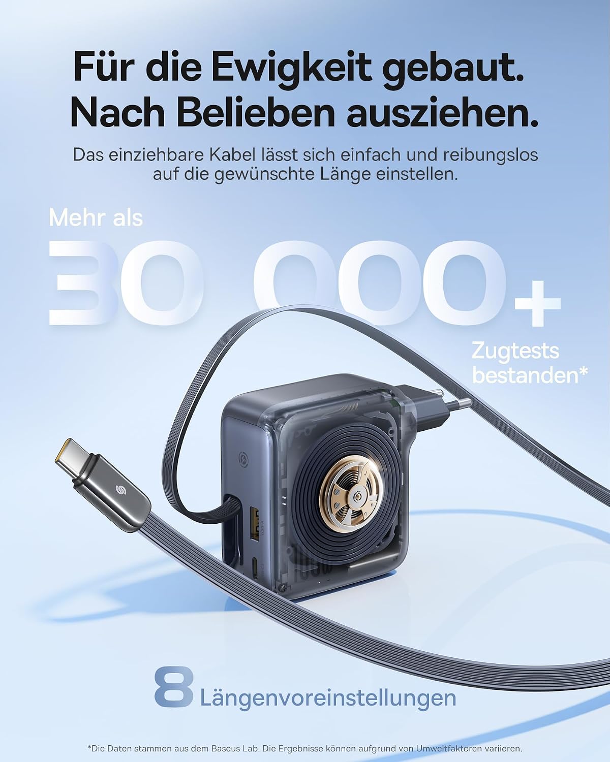 Detalle de Baseus Enercore USB-C 100W Ladegerät mit ausziehbarem Kabel und 3 Ports – GaN, kompakt und intelligentes Laden