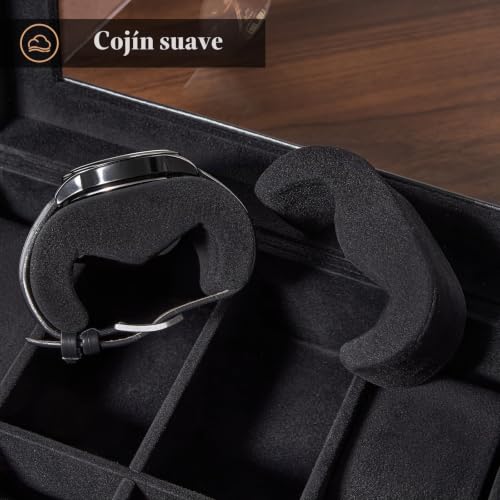 Detalle 1 de ProCase caja para 8 relojes de doble nivel con tapa de cristal, negra