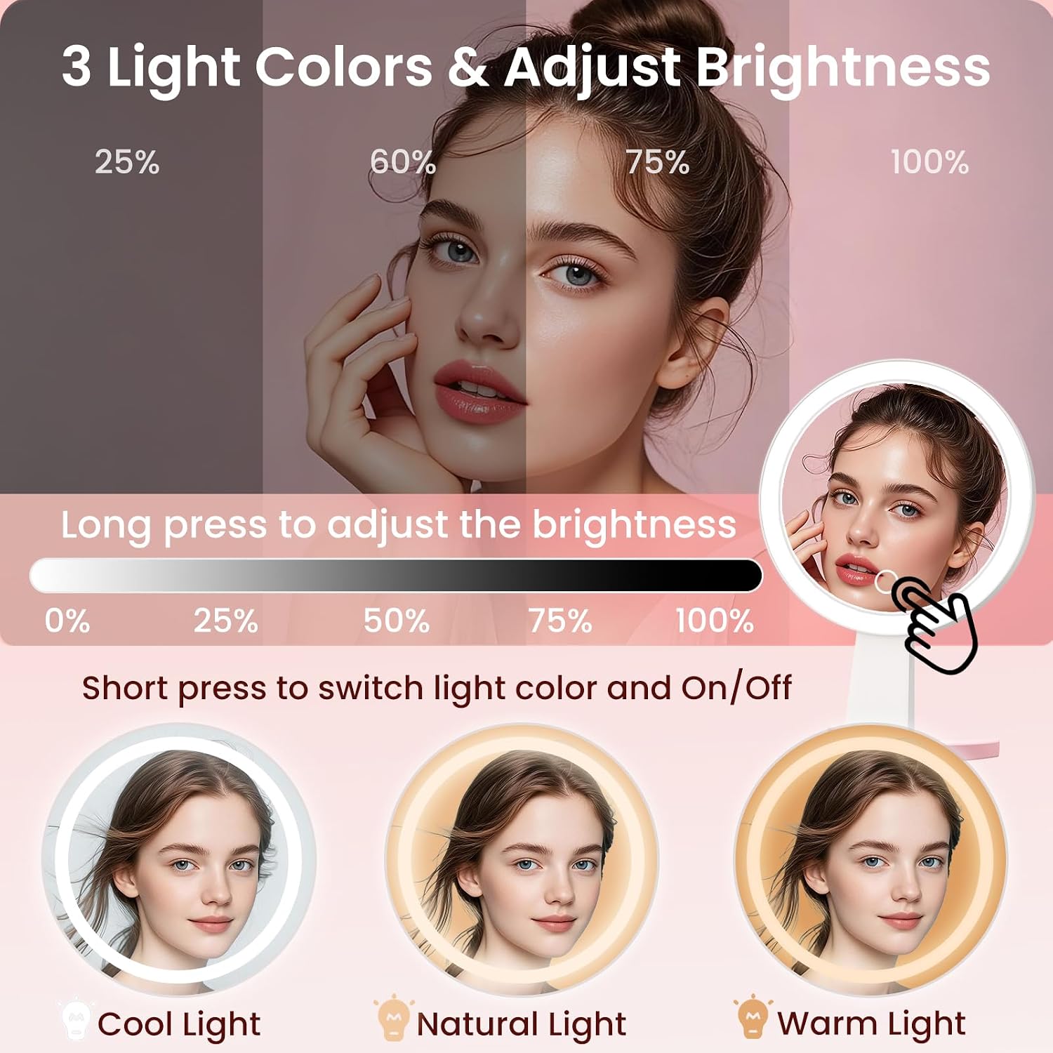 Detalle de FZIFZI Makeup Mirror with Lights (10X/1X) – Rechargeable LED Magnifying Vanity Mirror, Pink