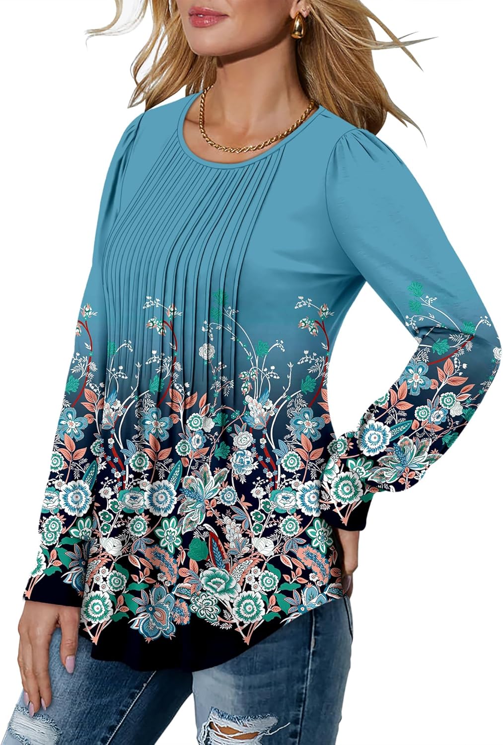Thumbnail 3 de CHICZONE Women's Round Neck Button-Up Pleated Tunic Blouse