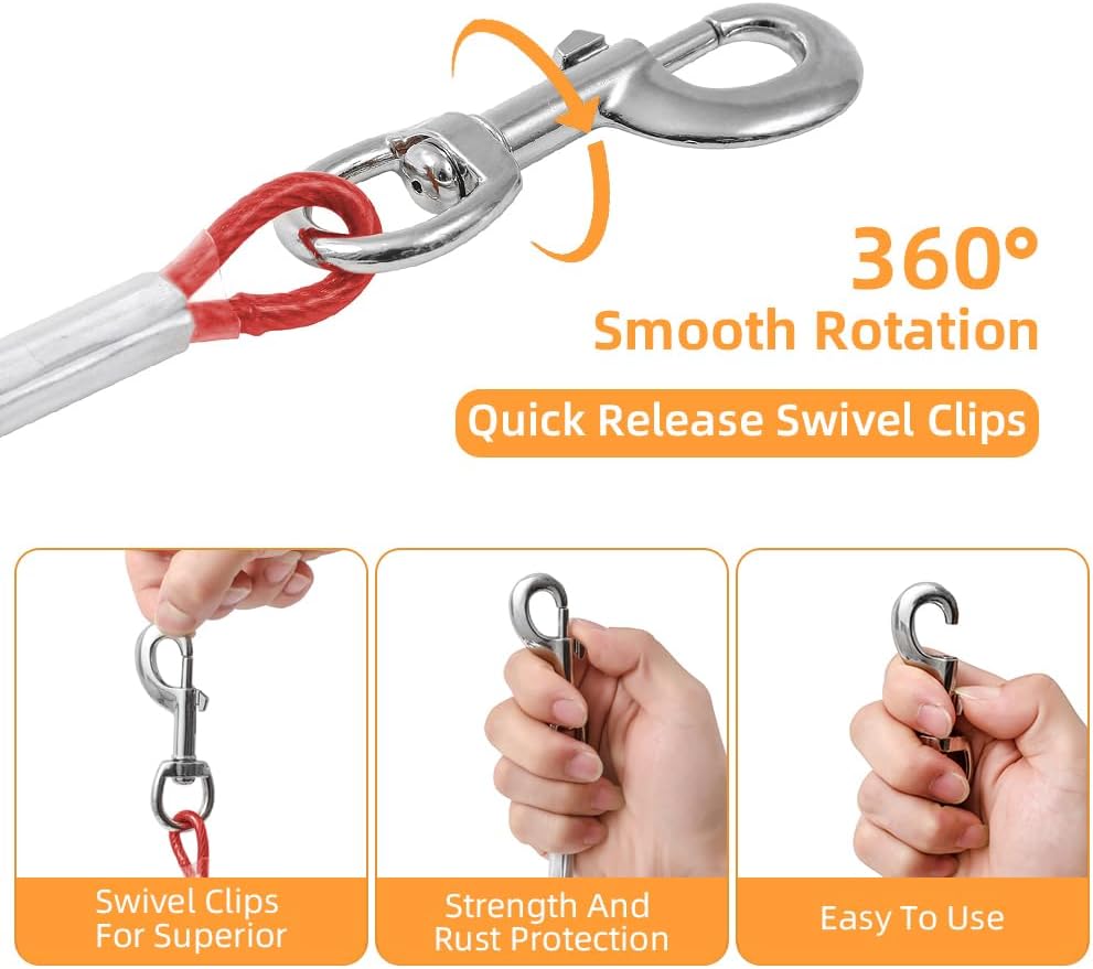 Detalle de Mi Metty Dog Tie Out Cable (Chew Proof) with 360° Swivel Hooks, Red, 50ft (15m) — for small dogs up to 60lbs