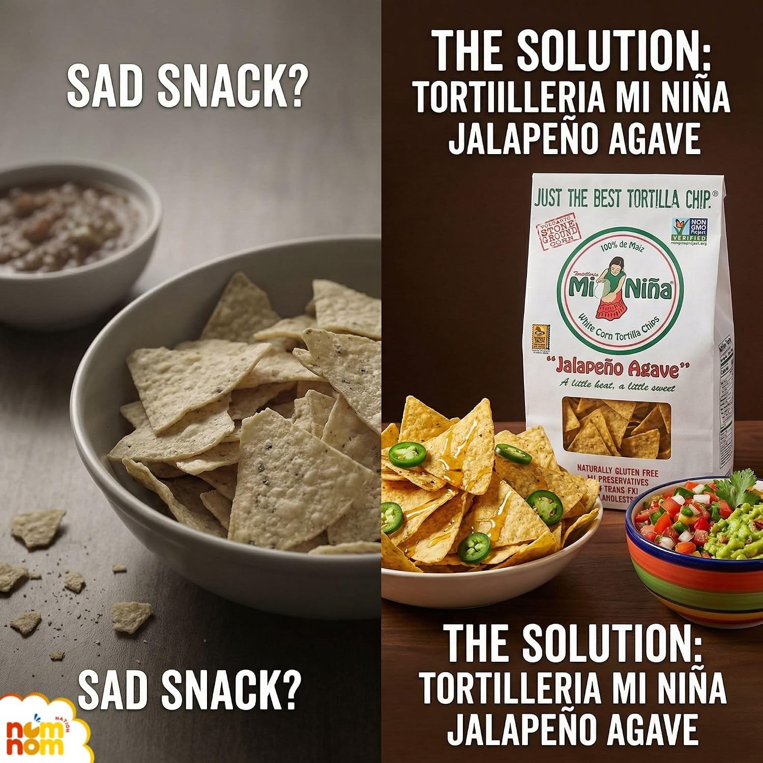 Detalle 2 de NomNom Nation Tortilleria Mi Nina Jalapeño Agave Tortilla Chips, 3-Pack