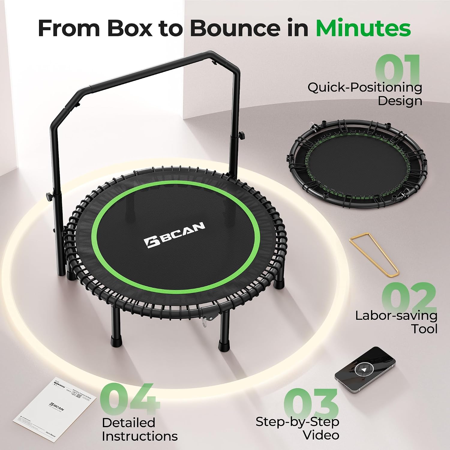 Thumbnail 6 de BCAN TX-6232CU 40-Inch Foldable Fitness Trampoline with Adjustable Handlebar