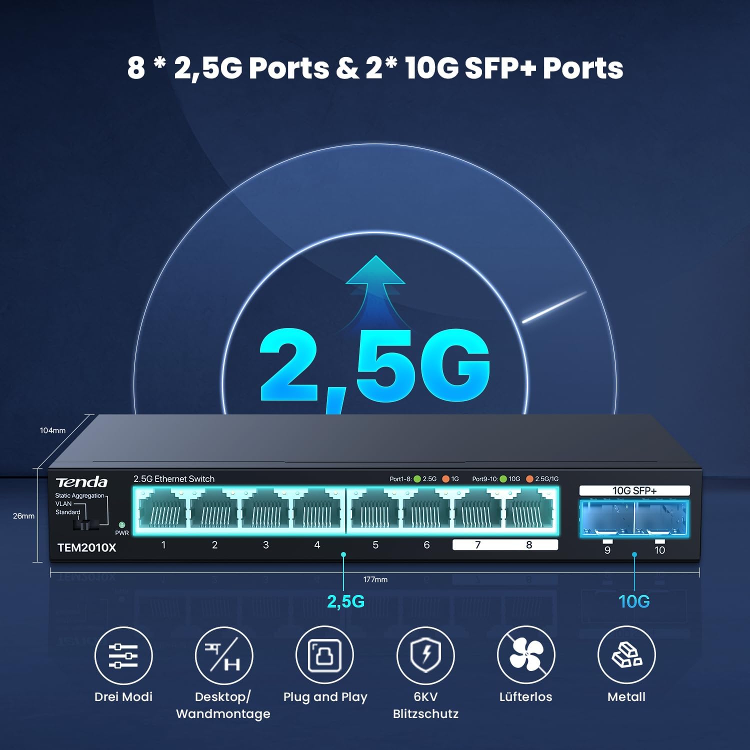 Thumbnail 1 de Tenda TEM2010X 2,5-GBit-Switch mit 8x 2,5G RJ45 und 2x 10G SFP+ (VLAN, statische Aggregation, lüfterlos, Desktop-/Wandmontage)