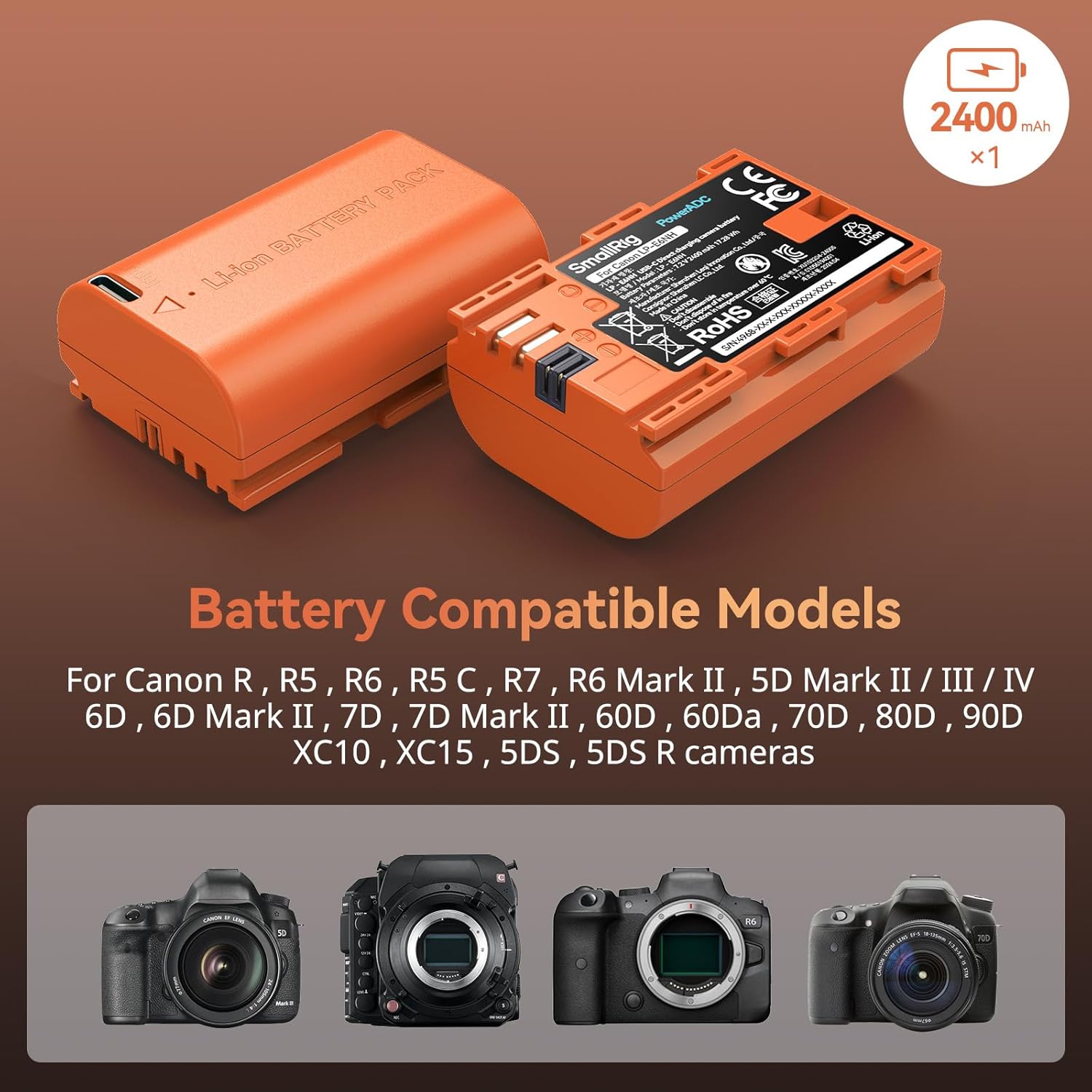 Detalle de SMALLRIG LP-E6NH 2400mAh USB-C: batterie de remplacement pour Canon (R5, R6, R7 et plus)