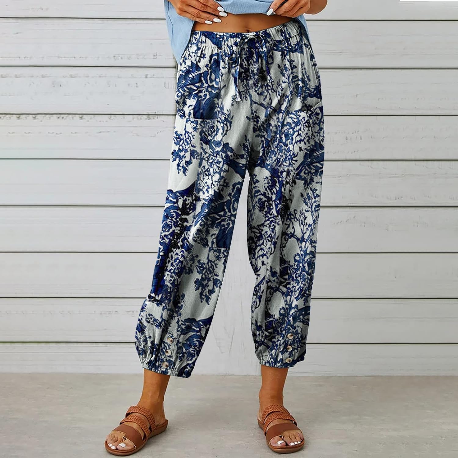Thumbnail 2 de Women's Capri Pants High Waist Drawstring Cinch Bottom with Button Cotton Loose Casual Trouser with Pockets