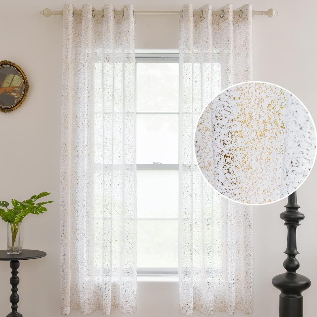 Detalle 2 de TERLYTEX Zasłony woalowe złoto-białe, 2 panele 132 × 240 cm, przelotki