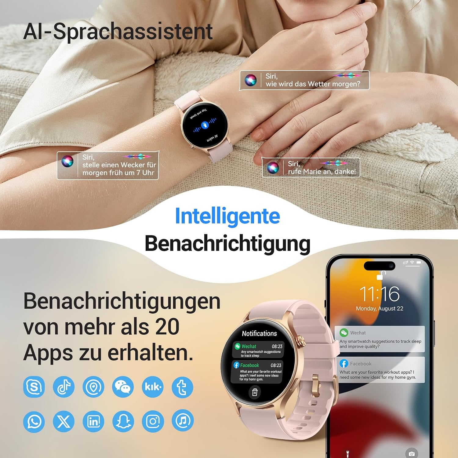 Detalle de Smartwatch Damen Rund mit Telefonfunktion – 1,32" AMOLED Display, 110+ Sportmodi, 3ATM, Puls- und SpO2-Messung, Schlafmonitor, Rosa