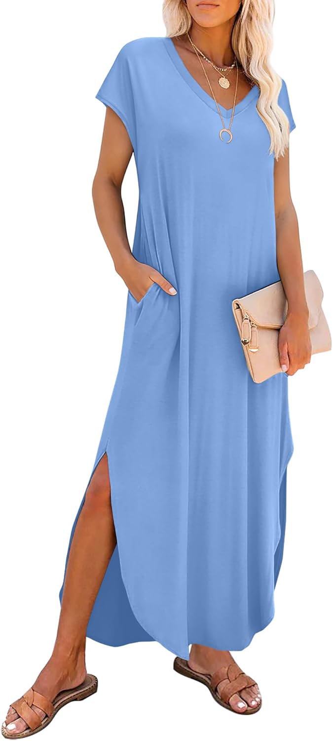 Detalle de RUMIA Summer Casual Maxi Dress for Women with V-Neck, Cap Sleeves, Pockets, and Boho Vibe