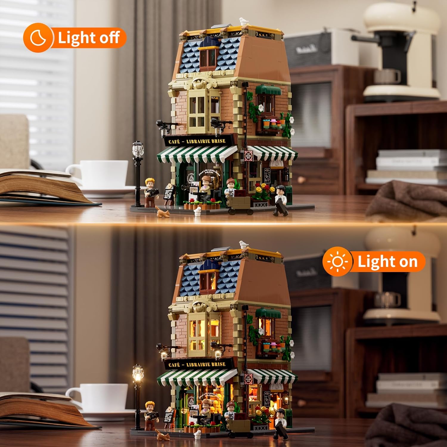 Thumbnail 1 de FUNWHOLE Book-Cafe Lighting Building-Bricks Set (1718 pcs) — City Town Coffee House LED Modular Model