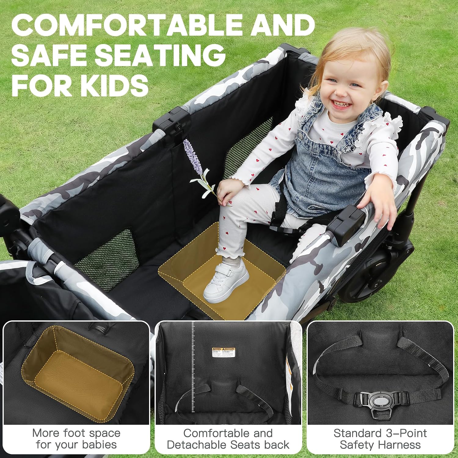 Thumbnail 2 de ELEMARA All-Terrain Stroller Wagon for 2 Kids (Foldable, Push/Pull Handle, Canopy & Mosquito Net) — Black+White