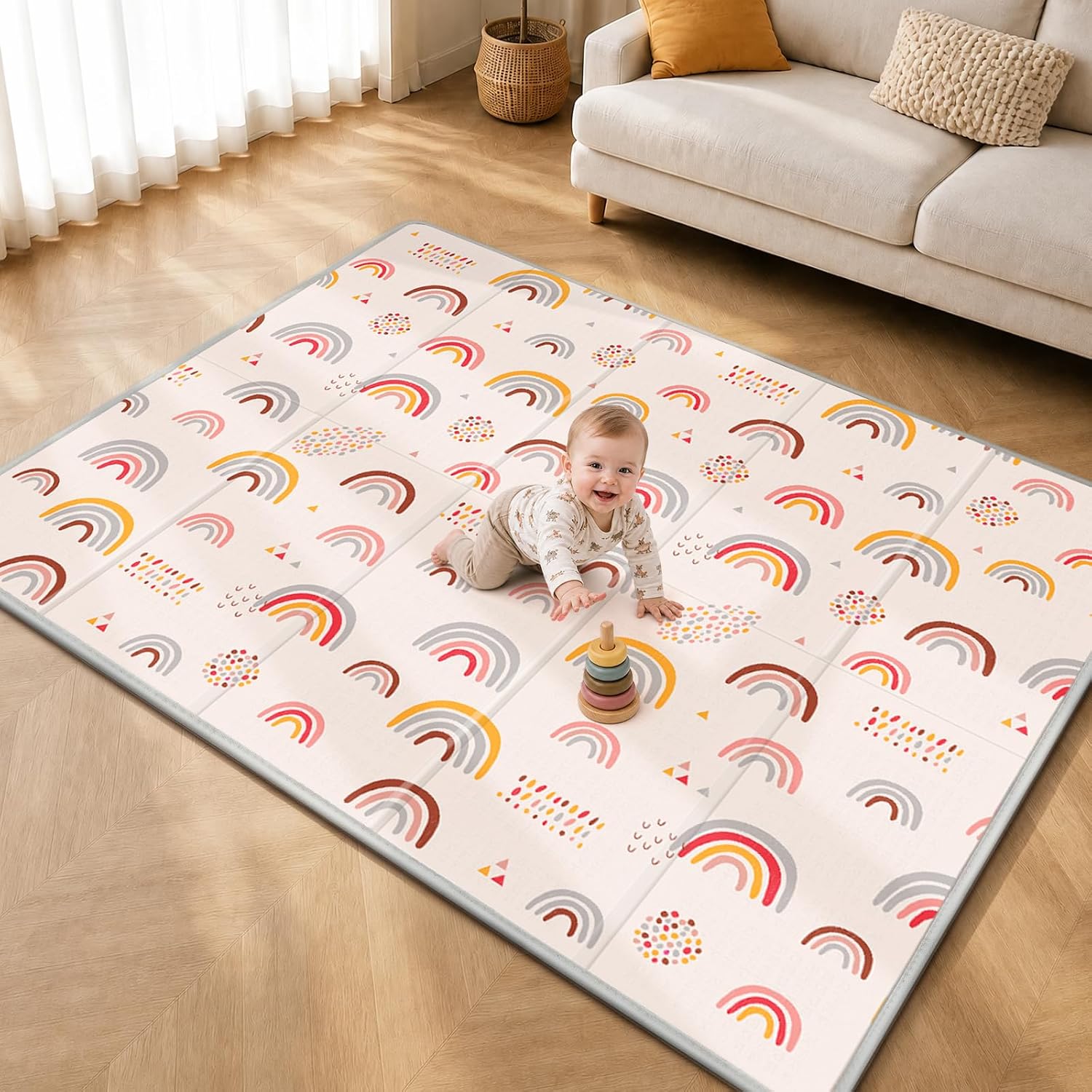 Detalle de PIGLOG PLPM-Rainbow-01 Foldable Baby Play Mat, Reversible Waterproof XPE, 71 x 59 in