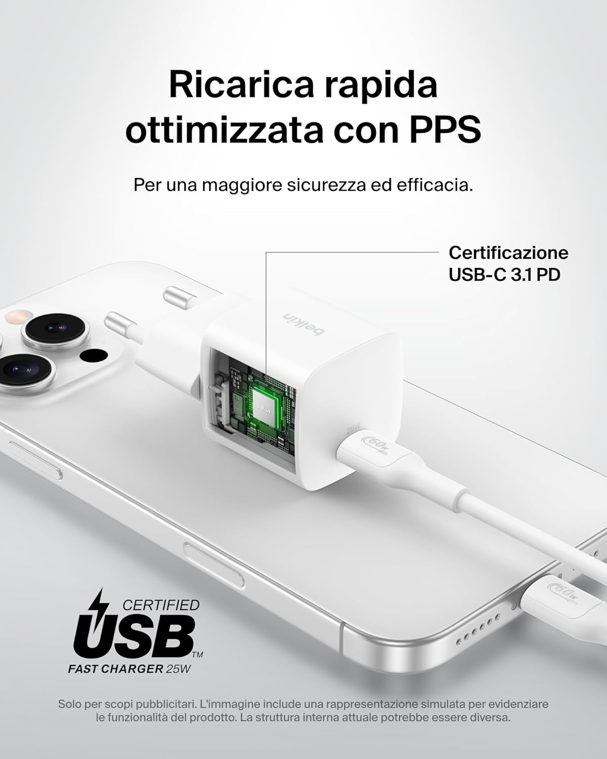 Detalle de Belkin Caricatore USB-C da 25 W: ricarica rapida PD 3.0 con PPS, compatibile con iPhone, Galaxy, Pixel e altro