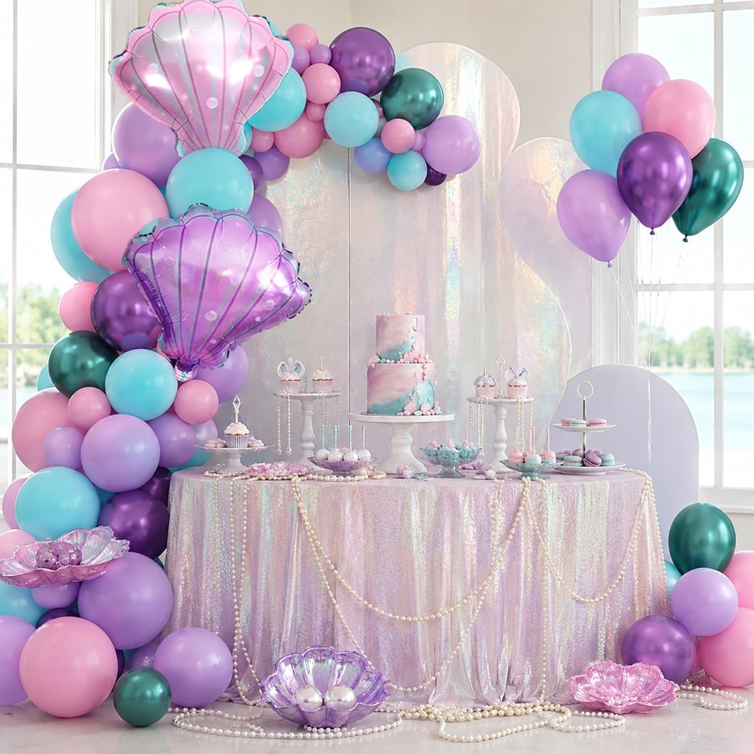 Detalle 2 de Mermaid Balloons Macaron Pink Purple Green Metallic Set with Seashell Foil Balloons for Ocean-Themed Girl Parties
