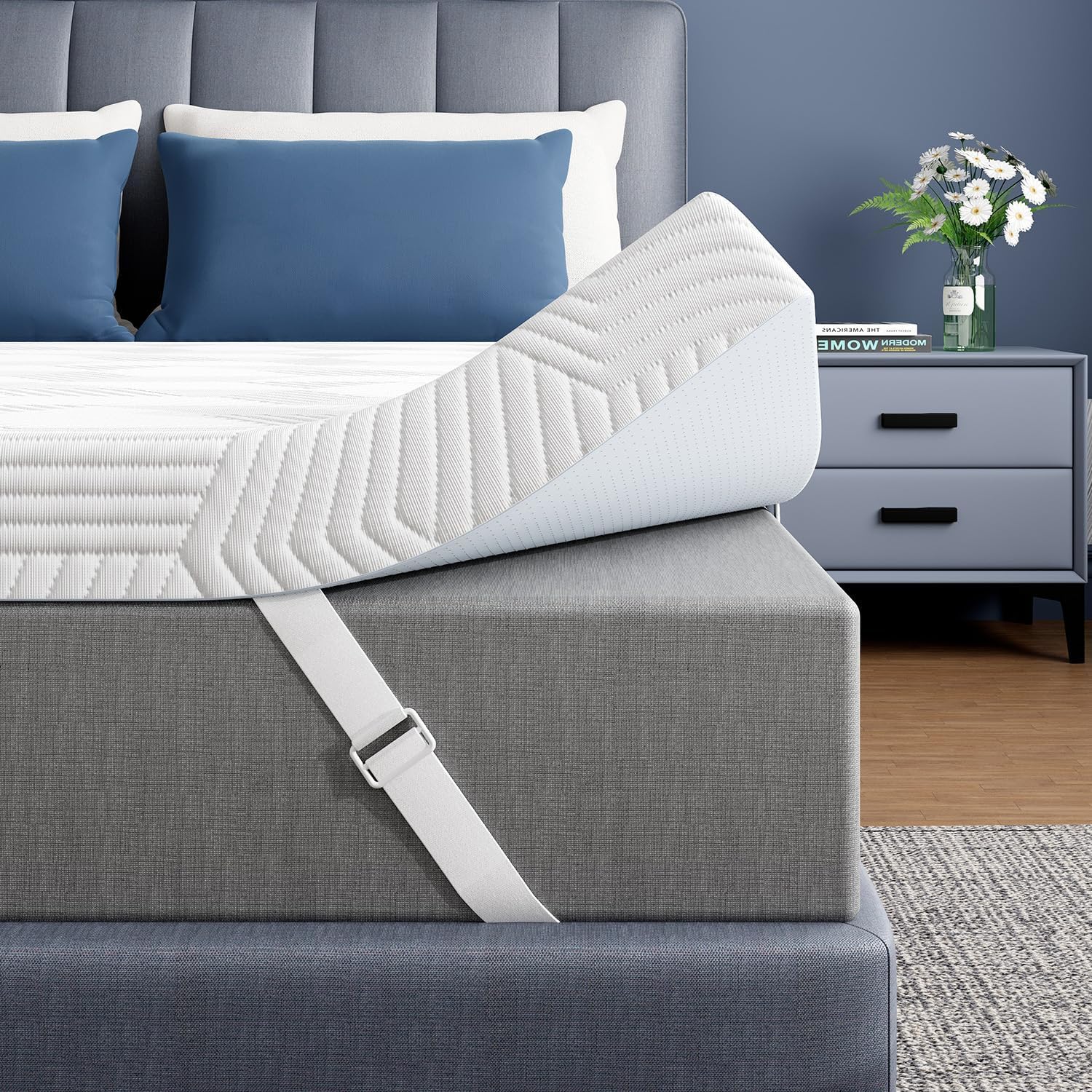 Detalle de ELEMUSE 4 Inch Gel Memory Foam Mattress Topper (Queen) with Pressure Relief, Non-Slip Cover, CertiPUR-US