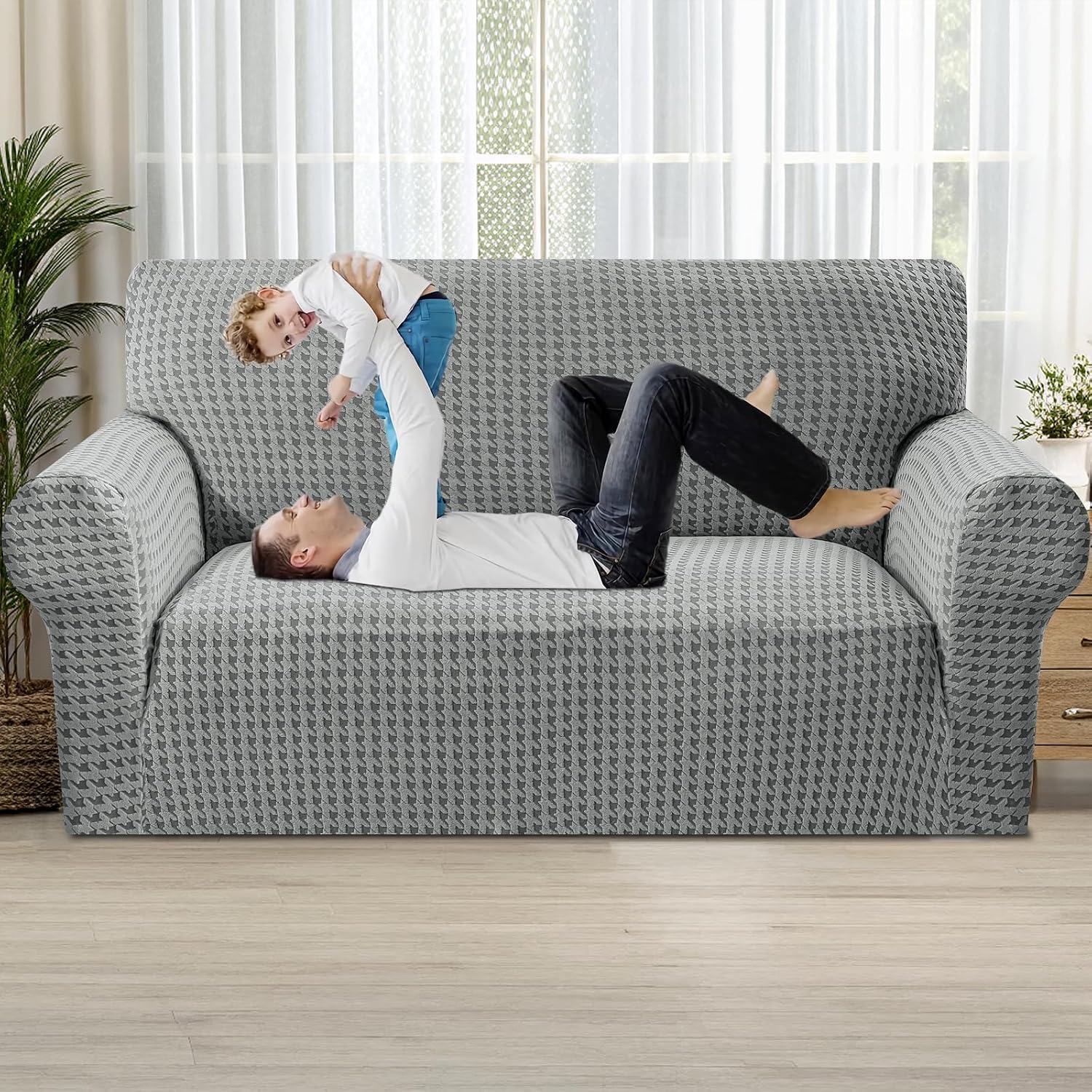 Detalle de MAXIJIN MAX-US16-QNG Stretch Loveseat Cover, Light Gray Houndstooth