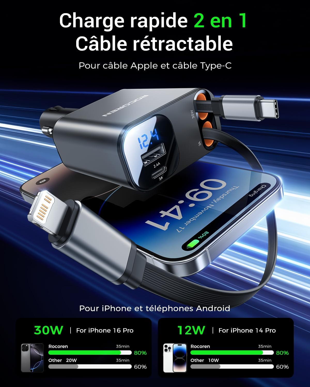Thumbnail 6 de Rocoren Chargeur 69 W rétractable pour voiture
