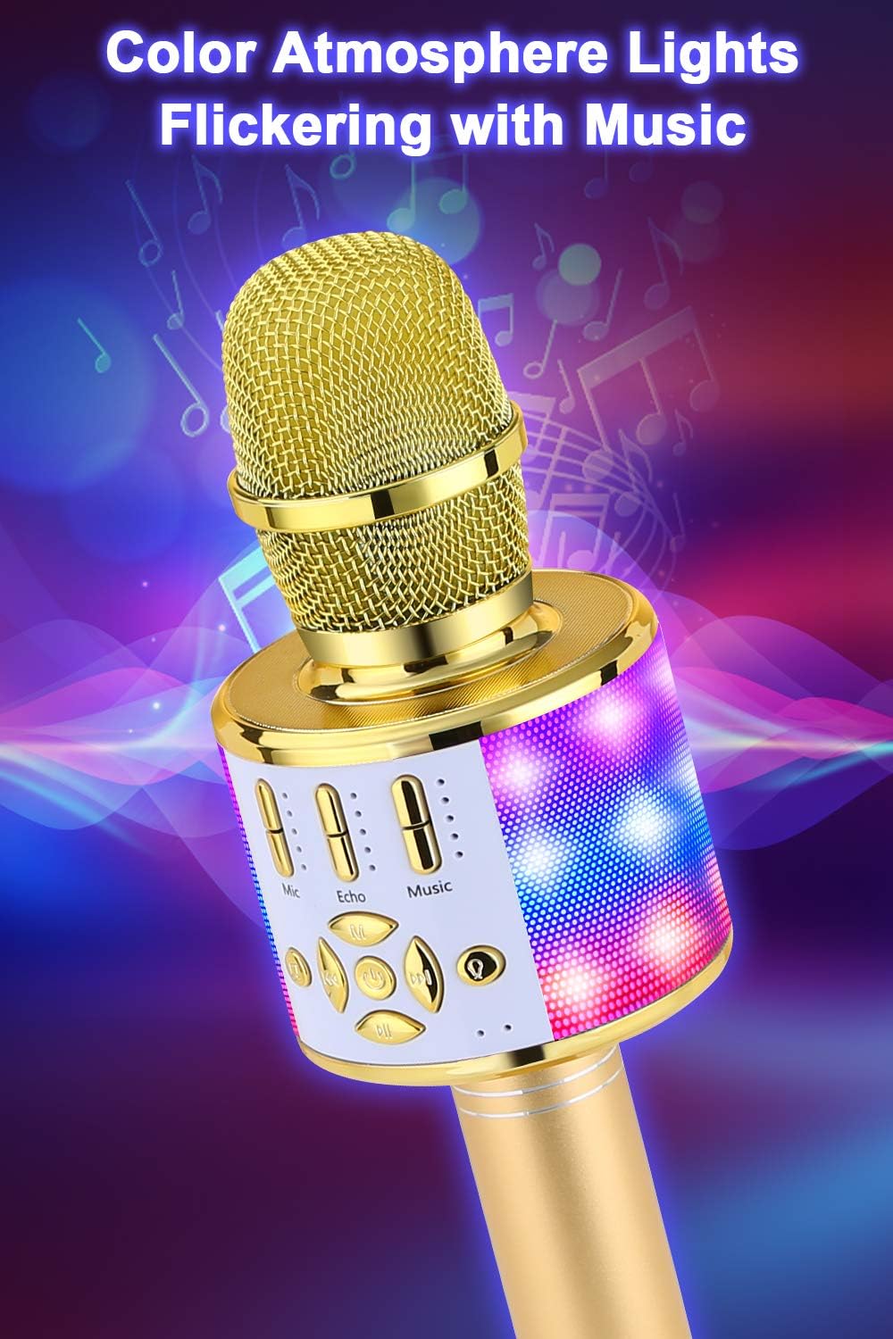 Detalle 2 de BONAOK Kabelloses Bluetooth-Mikrofon für Kinder & Karaoke (Gold) mit LED-Lichtern