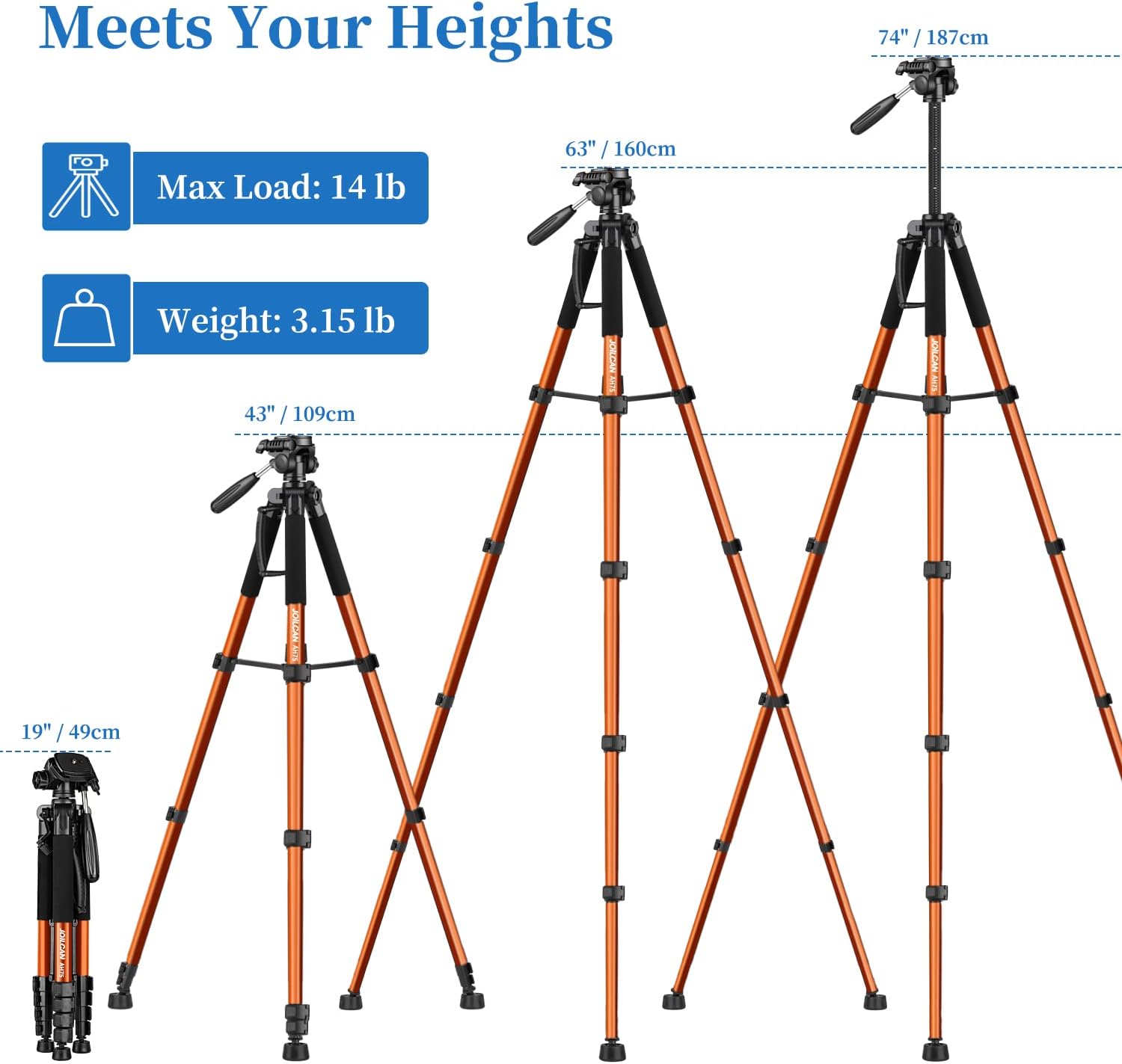 Thumbnail 1 de JOILCAN 74" Camera Tripod 188cm, 14lb load capacity