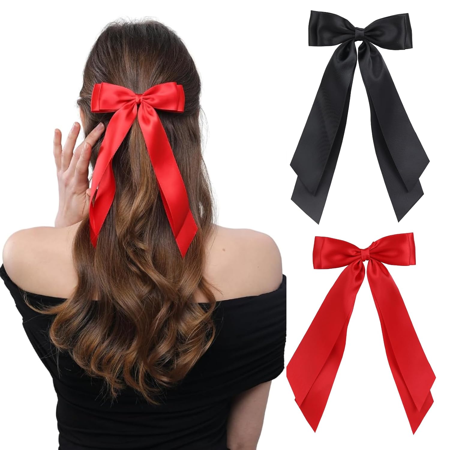 Detalle de LuSeren Double-Layer Satin Hair Bows, 2-Piece Red and Black Clip Set
