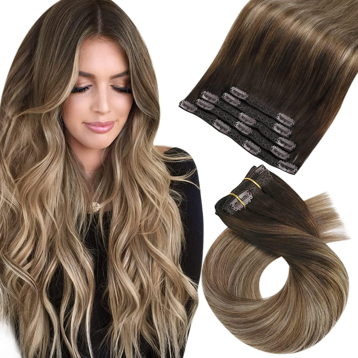 Moresoo Clip-in Echthaar Extensions – Salonqualität, 14 Zoll, 5 Stück in Braun- und Blondtönen